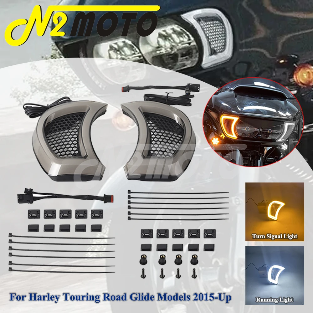 

1Pairs Motorcycle LED Trim Lights Headlight Vent Accents Indicator Turn Signal Light For Harley Touring Road Glide FLTRX 2015-24