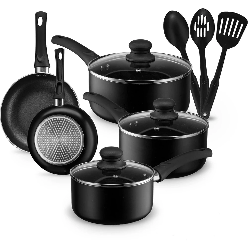 

Pots and Pans Set, Aluminum Nonstick Cookware Set, Fry Pans, Casserole with Lid, Sauce Pan, and Utensils, 11 Piece Cooking Set (Black)