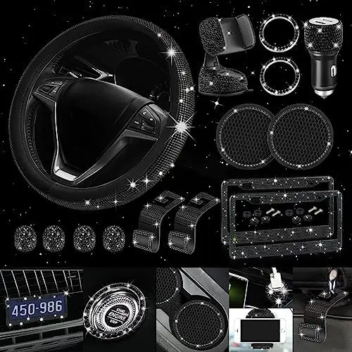 

Bling Diamond Steering Wheel Cover & 15-Piece Car Accessory Set for Women – Universal 15" Fit with Rhinestones