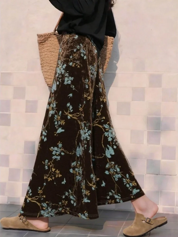 Floral Print Velvet Skirt Women's Clothing Vintage Saia 2026 Faldas Mujer De Moda Korean Chic Jupe High Waist A-line Long Skirts