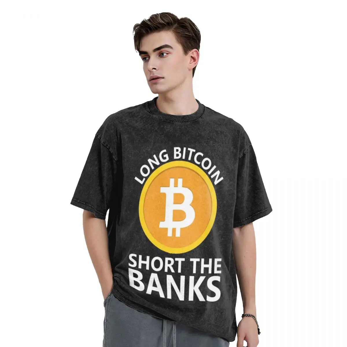 Long Bitcoin Short The Banks 1 Washed T Shirts Oversized Short Sleeve Hip Hop T-Shirt Streetwear Tops Tees for Men Women