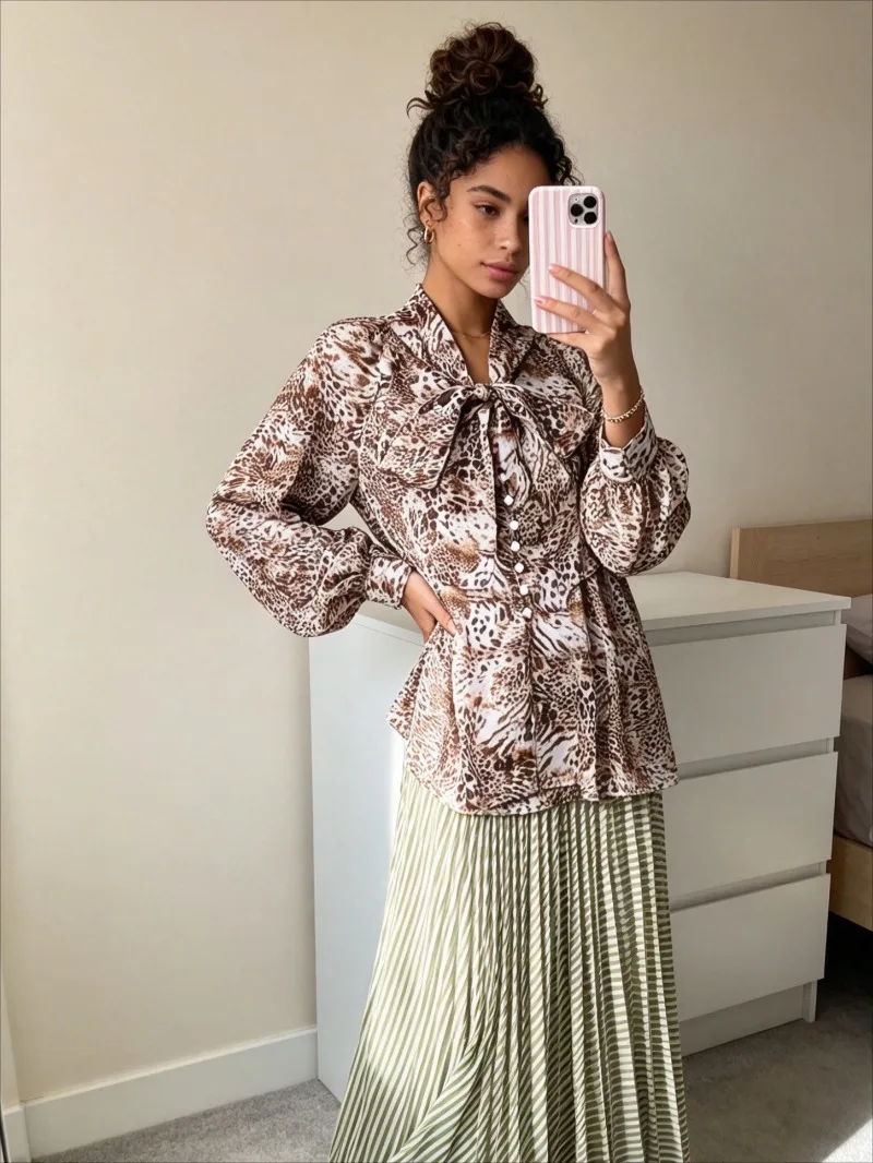 

New Fashion Light Mature Leopard Print Elegant Shirt Women's Blouse Korean Loose Slimming Commuter Shirt Female Tops