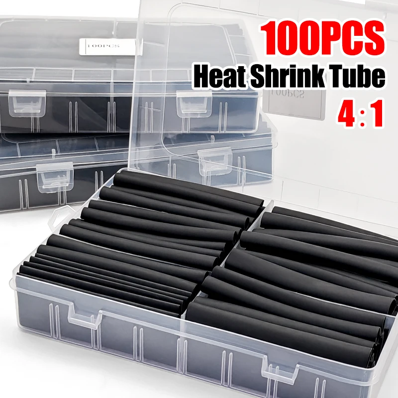 100pcs Heat Shrink Tube Kit 4:1 Flame Retardant Insulated Electrica Wire Wrap Multi-Size Assortment for Cable Repair Protection