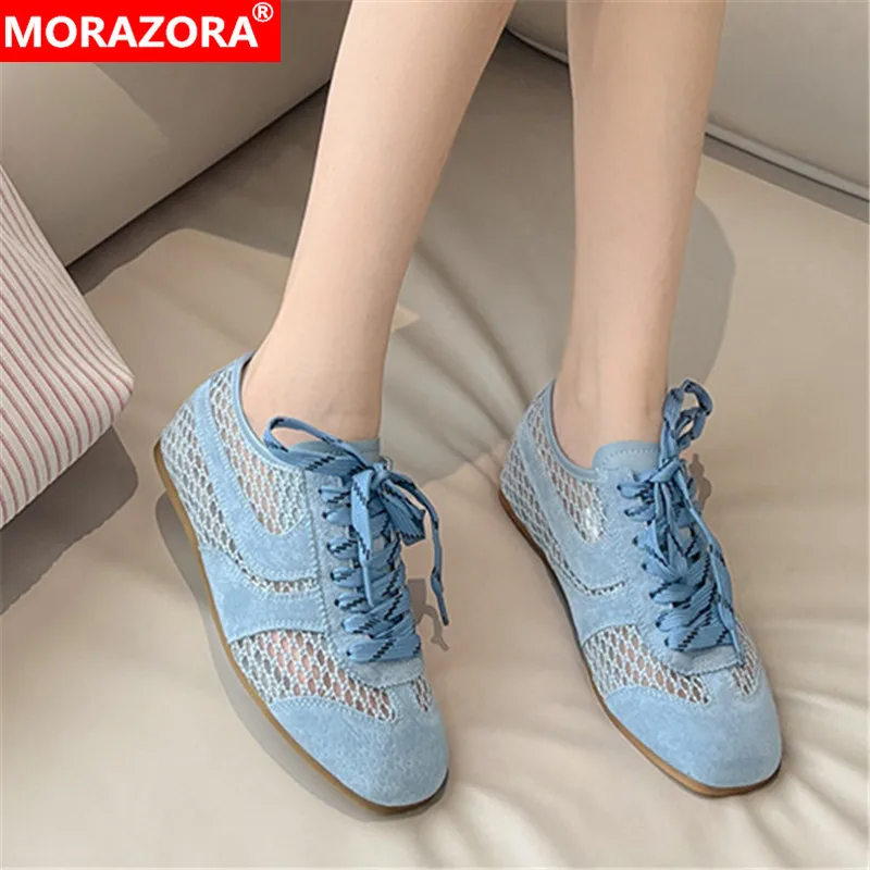 

MORAZORA ins Hot Mesh Genuine Leather Sneakers Women Shoes Lace Up Flat Shoes Fashion Ladies Summer Casual Shoes Flats