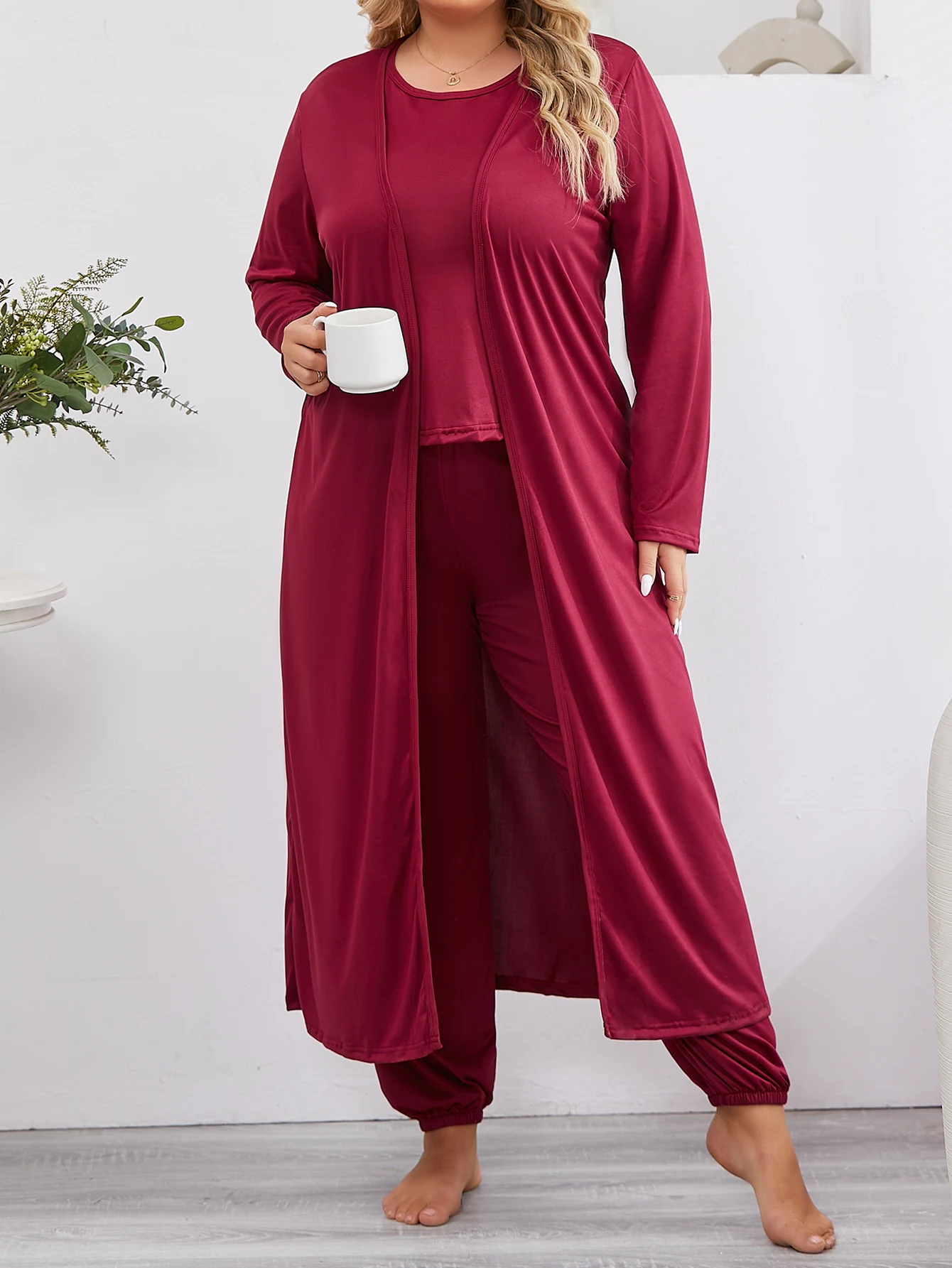 Spring and autumn style solid color vest&leggings&long sleeved pajamas oversized pajamas home clothing 3-piece set