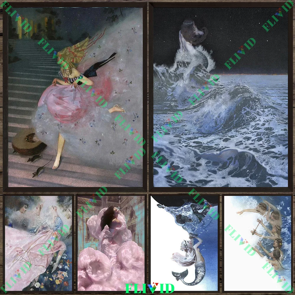 

Fantasy Mermaid & Romantic Figure Wall Art Canvas Painting Dreamy Mysterious Atmosphere Art Poster And Print Home Decor Unframed