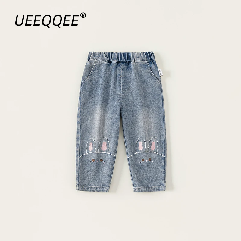 

Spring Autumn Children Jeans 1-10Y Girls Embroidery Rabbit Denim Pants Straight Trousers Korean Toddler Wear For Kids Clothing