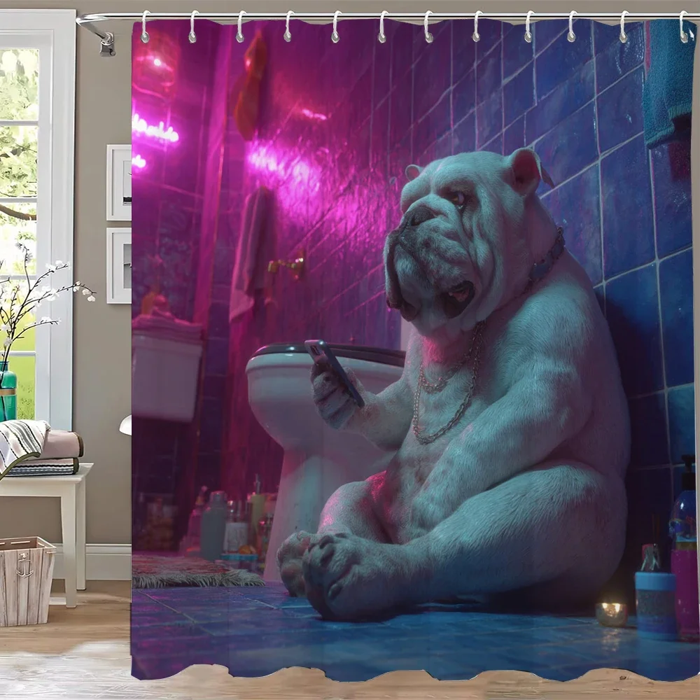 Funny Dog Bath Shower Curtain,Cute Dogs lion Reading Newspaper on Toliet Bathroom Curtain Washable Cloth Kids Shower Curtain
