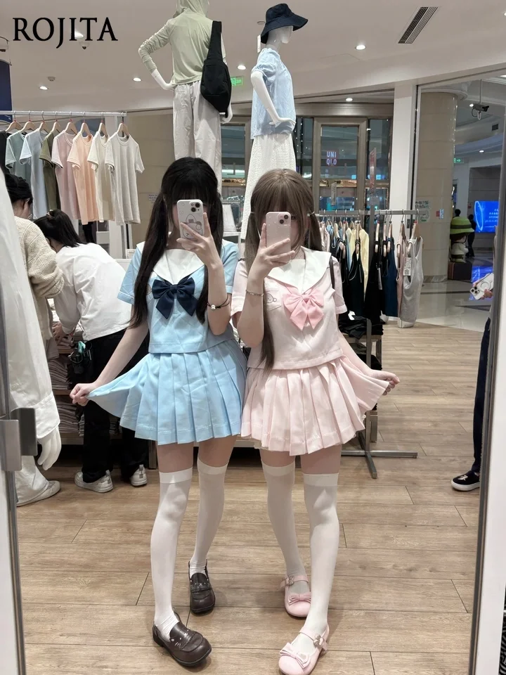 Soft Cute Cartoon Embroidered Collar JK Uniform Top 2025 New Navy Collar Short Sleeve Light Blue Top Short Jackets for Women