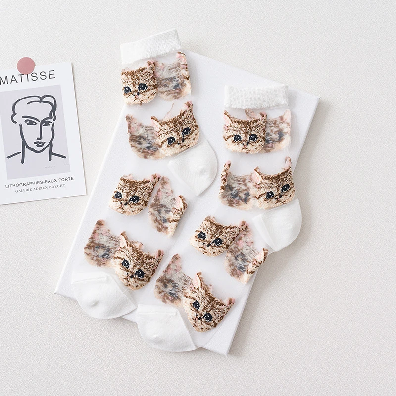 3 Pairs = 6Pieces Cool Transparent Cute Cat Women Socks Breathable Ladies Summer Thin Kawaii Silk Socks For Women Dropshipping