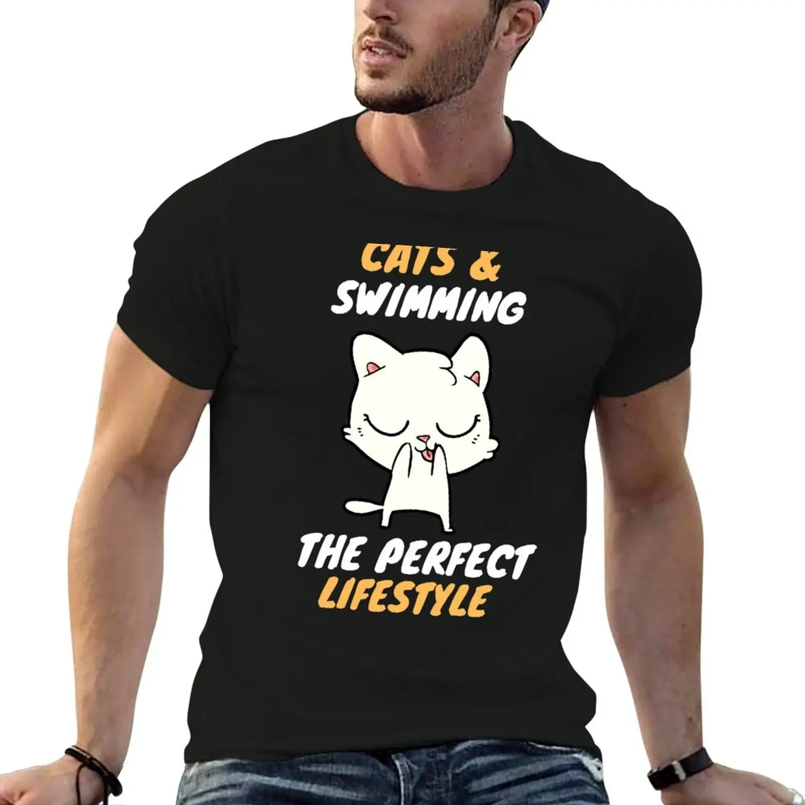 cats and swimming lifestyle T-Shirt summer clothes for a boy anime figures Short sleeve tee plain white t shirts men