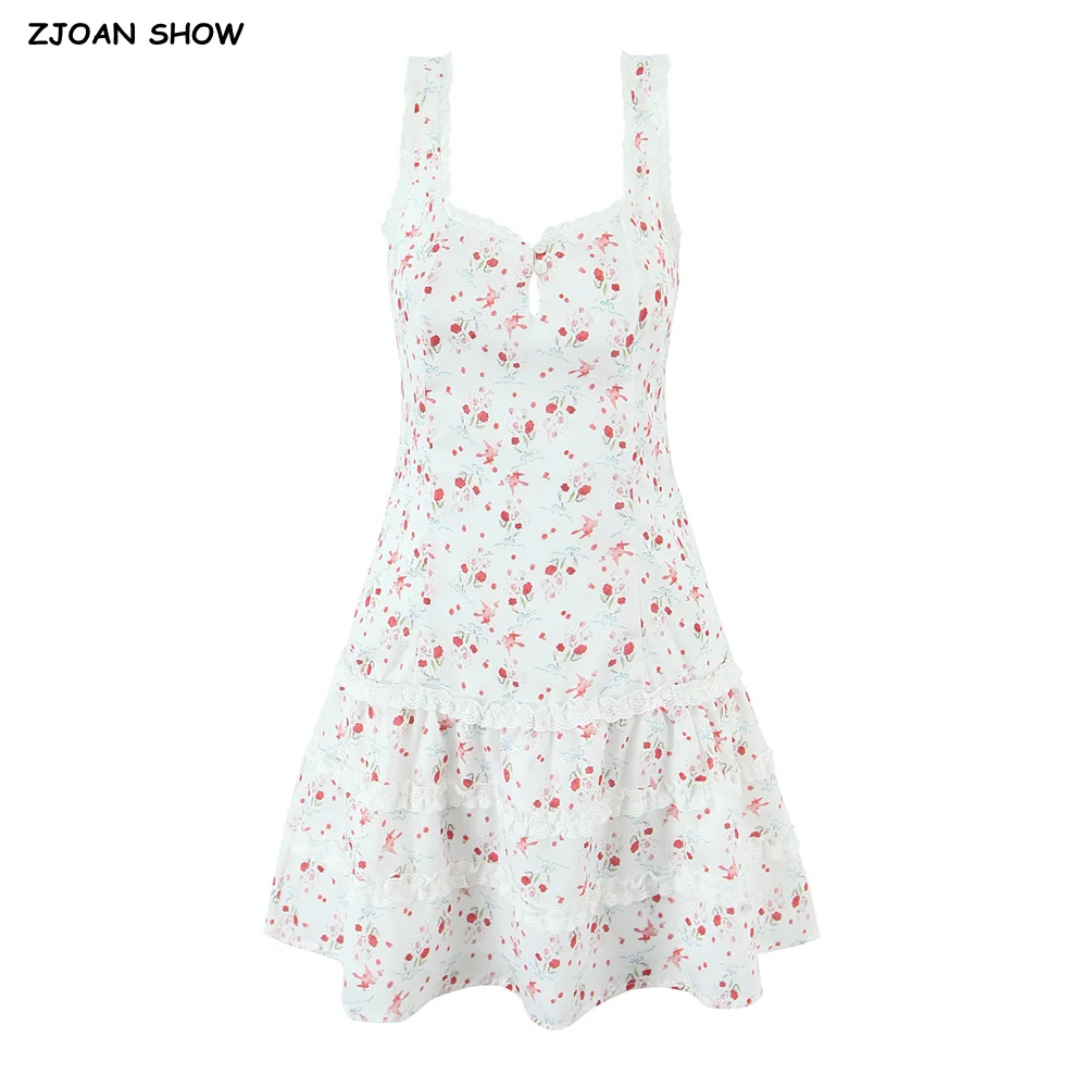 2025 Sexy Witte Bloemenprint Gesplitst Kant Tank Mini Jurk Lage Taille Gesplitst Gevouwen Swing Vrouwen Mouwloze Jurken Zomer Gewaad