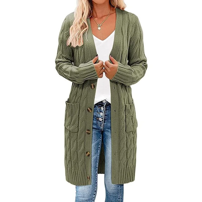 

Autumn and winter 2025 new long Fried Dough Twists sweater women's solid button pocket cardigan jacket knitting