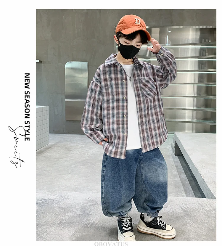 Frühlings-Herbst-Jungenhemd mit Karomuster und Tasche, Langarm, Koreanischer Casual-Stil, Baumwollbluse für größere Kinder, Coole Streetwear für Kinder – Detail 12