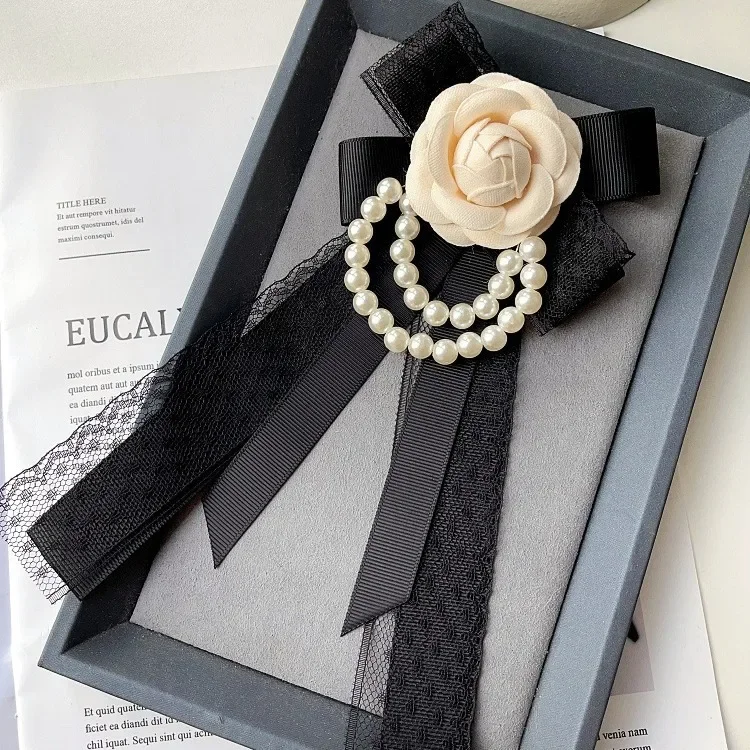 Women\'s Bow Tie Brooch White Camellia Pearl Chain Lace Ribbon Handmade Jewelry Korean College Style Suit Shirt Collar Flowers