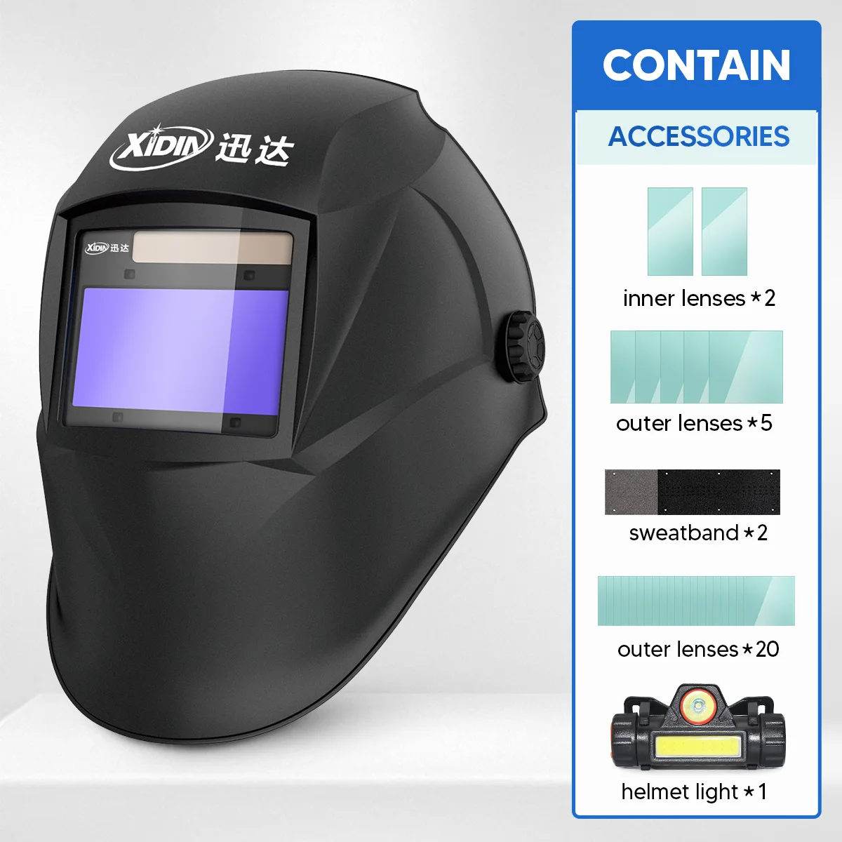 Welding Helmet Auto Darkening with LED Light Replacement Cover Lens Large View True Color Welding Hood | A7-BLACK-716D-TD