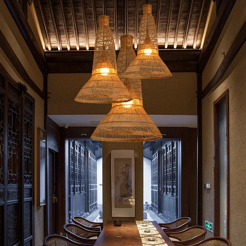 

Restaurant Lights Hot Pot Shop Bamboo Art Chandelier Chinese Zen Bamboo Weaving Homestay agritainment Lantern South
