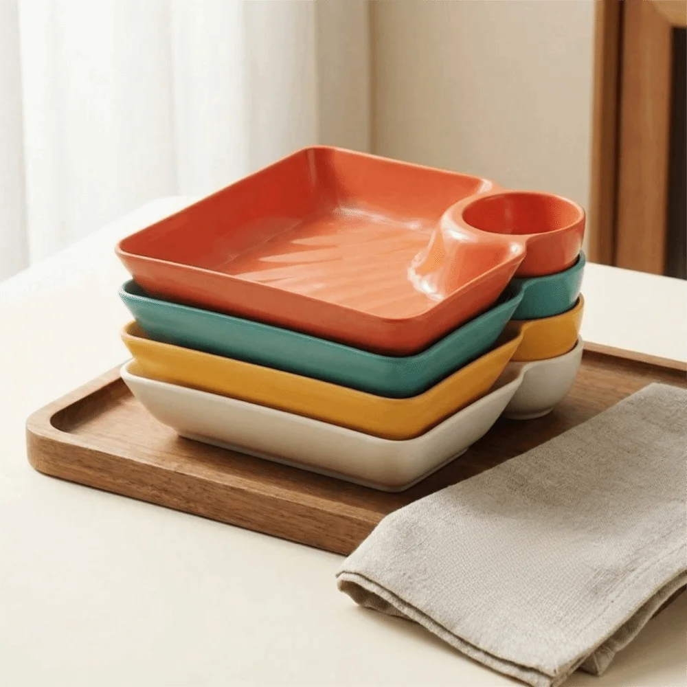 10Pcs Plastic Chips Dip Plates Sauce Compartment Reusable Divided Plates Square Stackable Dumpling Plate Appetizer Serving