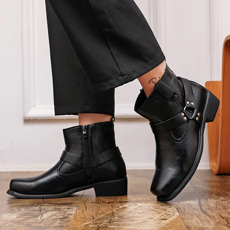 شتاء جديد الرجال عالية الجودة الأحذية الجلدية بني داكن الجانب سستة الرجال عادية مريحة ساحة الأصابع حذاء من الجلد الأحذية الاجتماعية الرجال #5