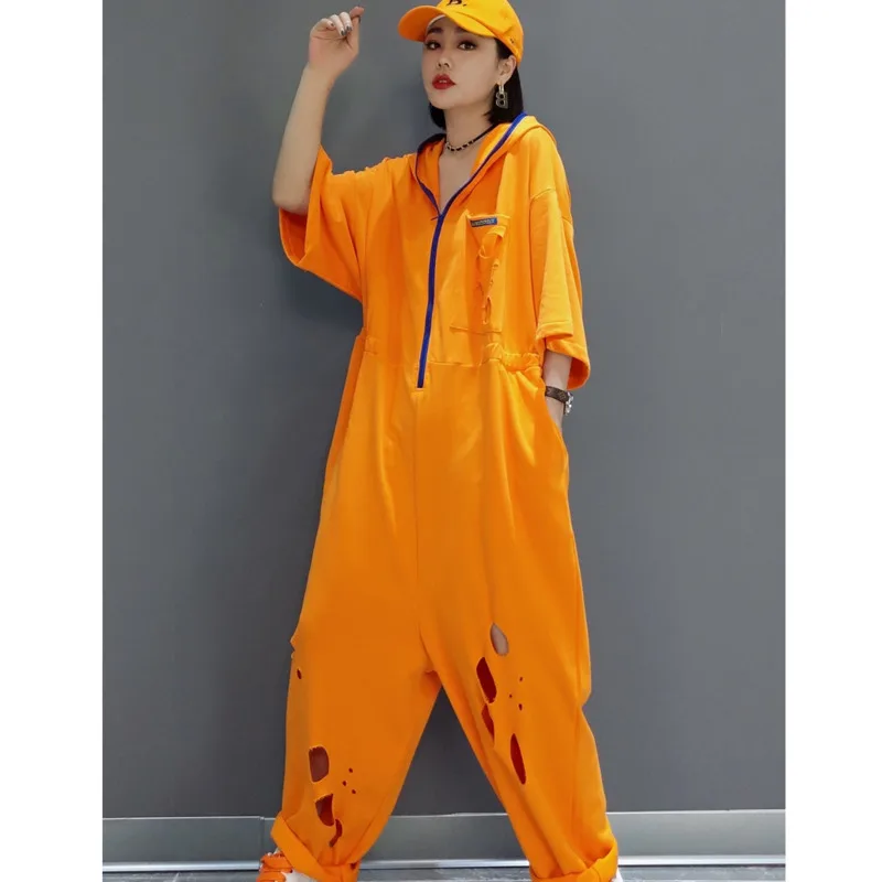 Green Orange 2024 Summer Short Sleeve Hooded Zipper Cardigan Jumpsuits Loose Solid Color High Waist Hole Jumpsuits Women LHX4151