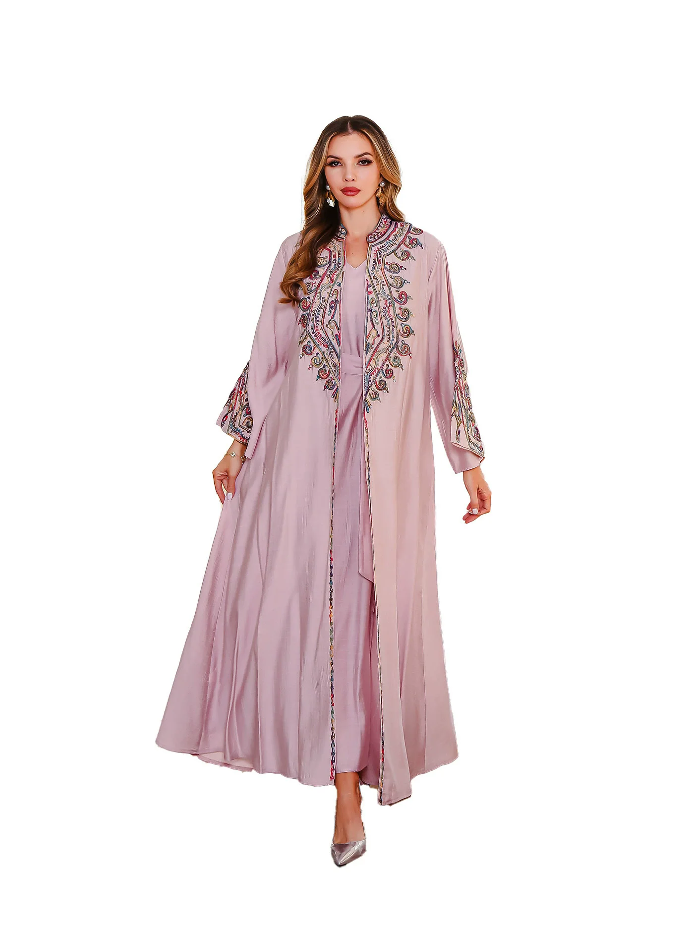 In stock Ramadan new Muslim fashion embroidered robe Middle Eastern clothing abaya Dubai long skirt two-piece set Arabian robe