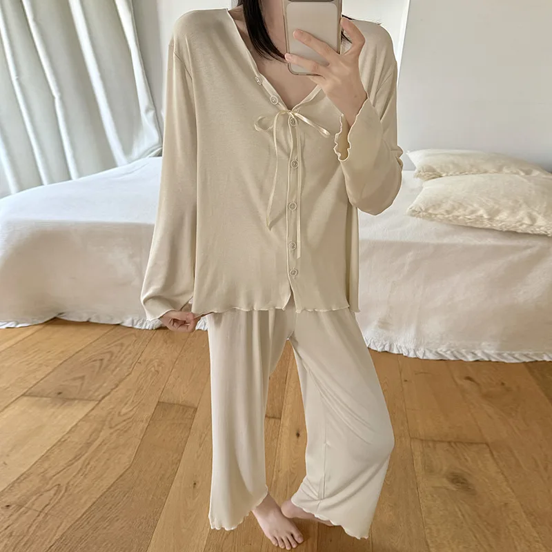 

Casual Home Clothes Set Spring Autumn New Fashion Long Sleeve Top with Pants Sleepwear Two-piece Set Pajamas Home Suit