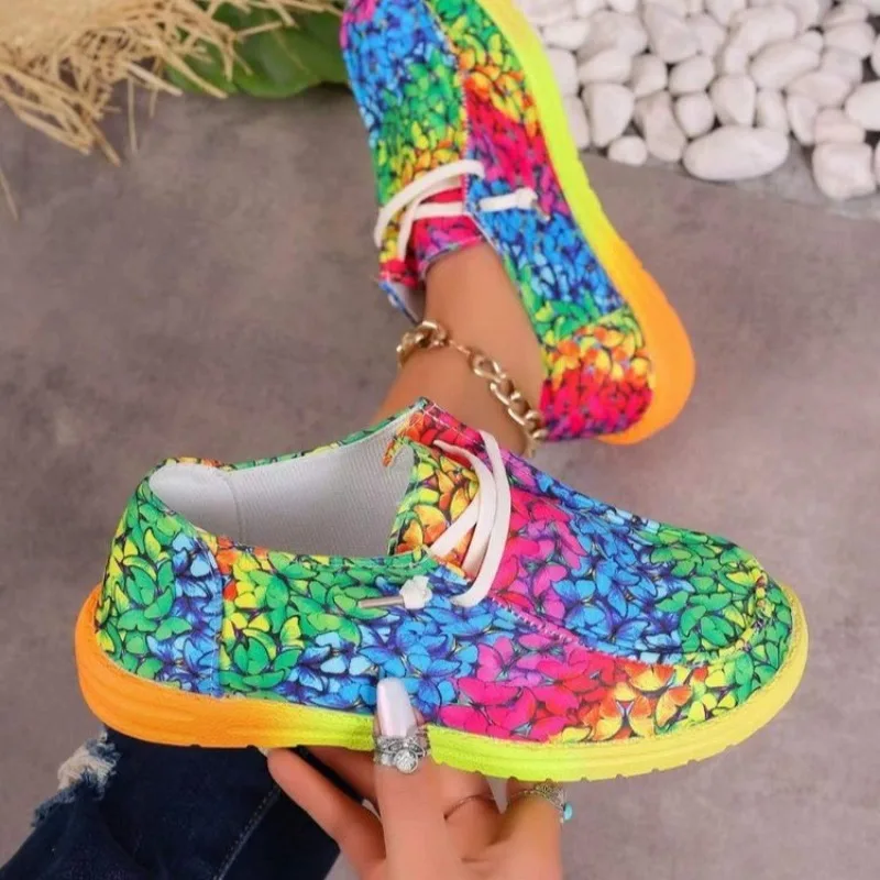 2026 New Women Shoes Rainbow Canvas Shoes for Women Flat Sneakers Round Toe Multi-Color Lace-up Casual Shoes Zapatillas De Mujer