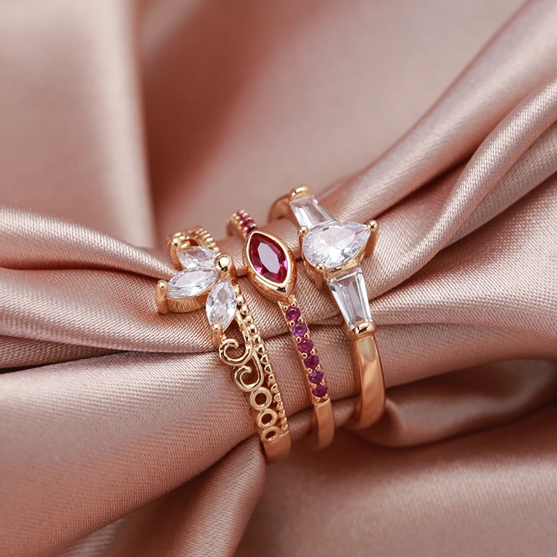SYOUJYO Simple Slim Red Natural Zircon Rings For Women Elegant Bride Wedding Jewelry 585 Rose Gold Color Korea Trendy Ring