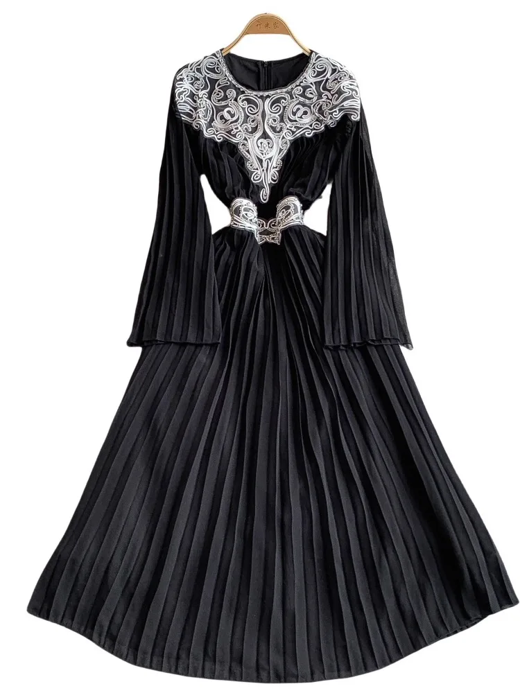 Elegant Dress Women Chiffon Long Skirts Summer Luxury Lace Crystal Bead Sleeve Flower Belt Prom Evening Formal Dresses Autumn