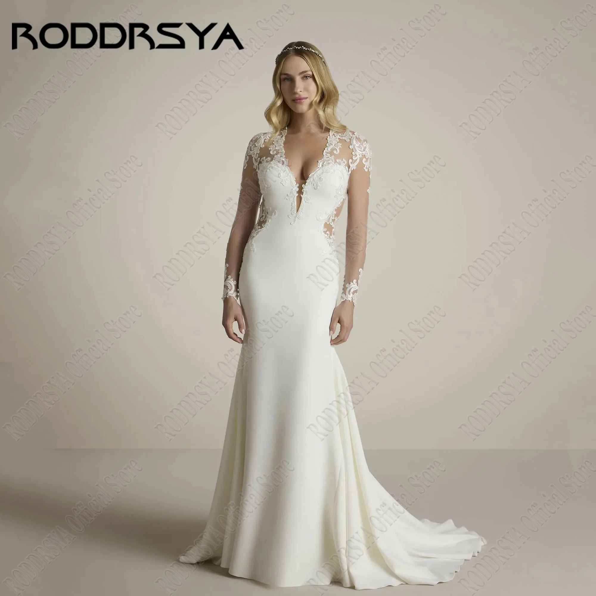 

RODDRSYA Sexy Deep V Neck Wedding Dress Backless Mermaid Satin Bride Dresses Long Sleeves Applique Elegant Wedding Gowns 2025