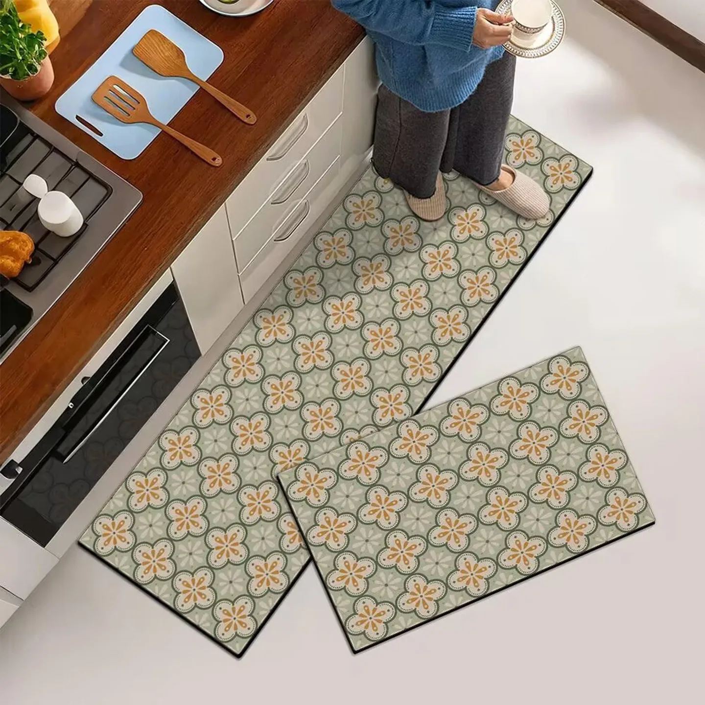 

Kitchen Carpet Non-slip Waterproof Oil-proof Washable Kitchen Floor Mat Floral Checkerboard Plaid Long Strip Runner Rugs Tapis