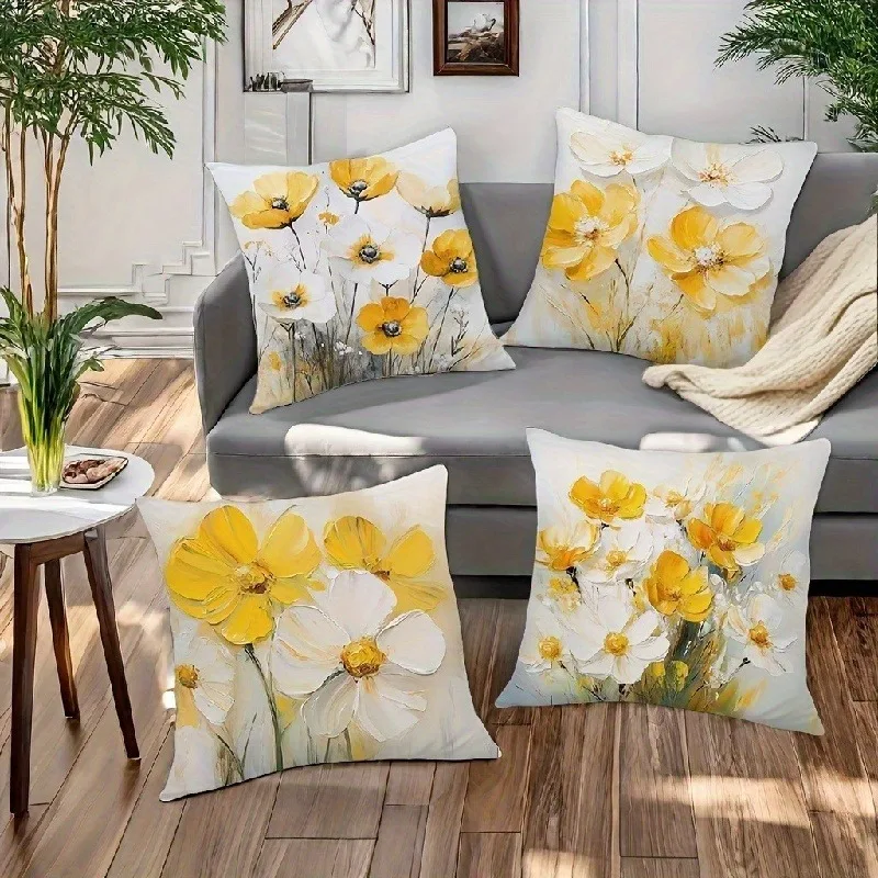 

Sunny Yellow & White Floral Pillowcase: Artistic Brushstroke Pattern Cushion Cover for Bright Elegant Home Sofa Decor