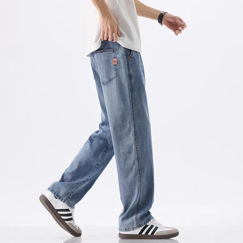 Lyocell لينة فضفاضة الجينز الرجال الصيف رقيقة شخصية واسعة مستقيم السراويل موضة خمر سراويل جينز الذكور الشارع الشهير