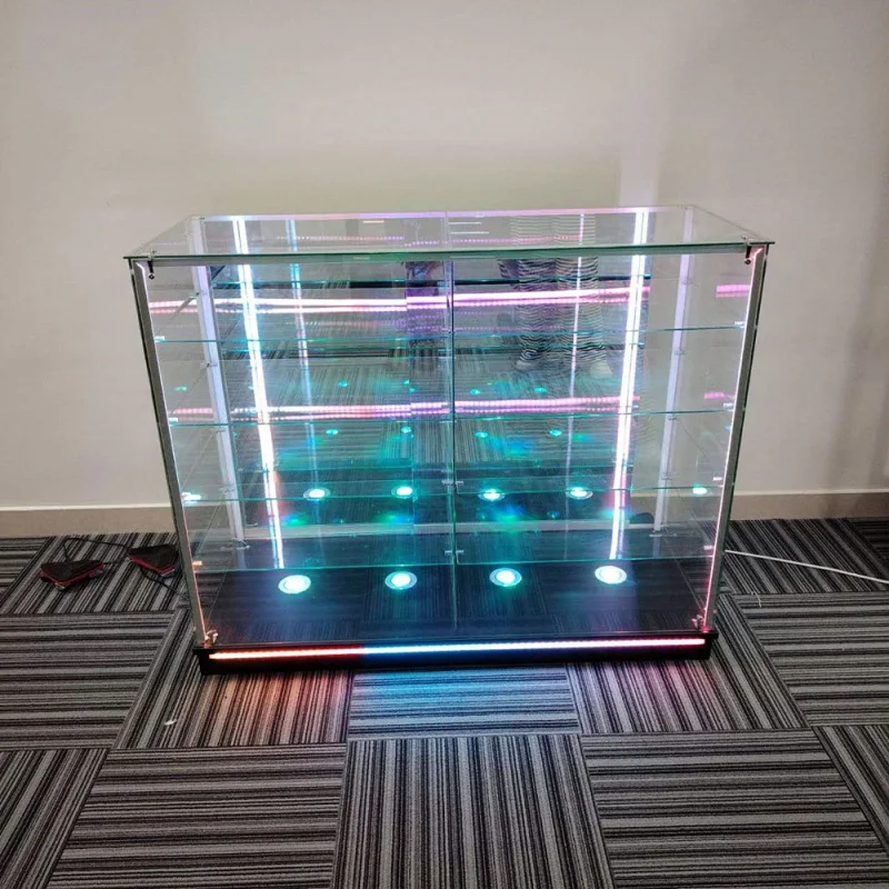 

Custom. hot frameless glass display RGB light retail store showcase display furniture for sale