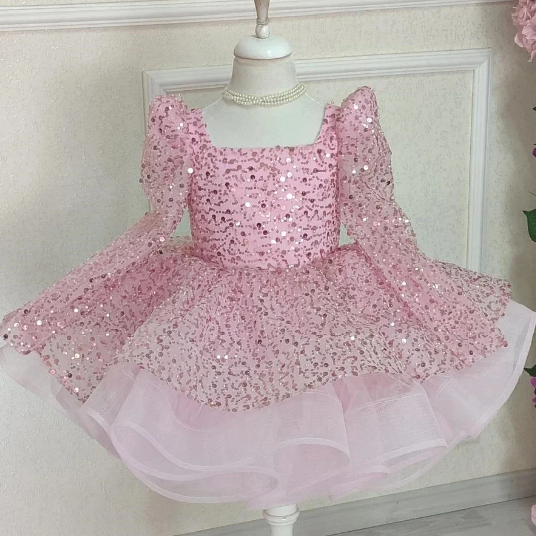 

Customized Wedding Birthday Party Tulle With Bow Half Sleeve Light Pink Flower Girl Dresses For Banquet Princess Gowns