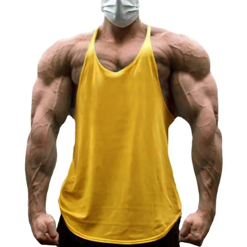 Zwykłe męskie sportowe koszulki bez rękawów siłownia Fitness kulturystyka trening podkoszulki umięśnione letnie fajne bawełniane oddychające kamizelki z dekoltem w kształcie litery Y — zdjęcie 5