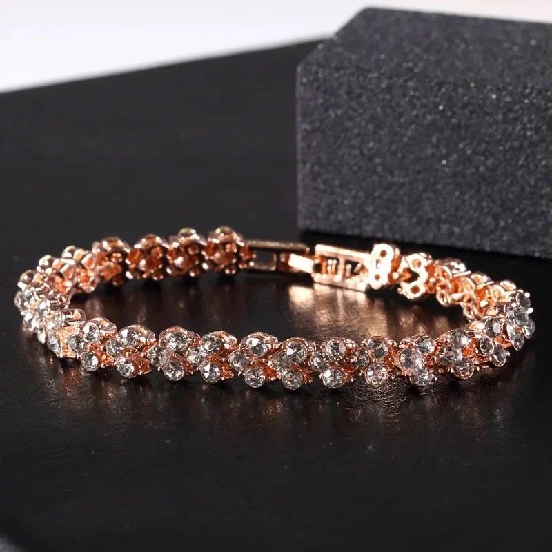 Exquisite Luxury Roman Crystal Bracelet For Women Wedding Gift Korean Rose Gold Silver Color Chain Bracelets Jewelry