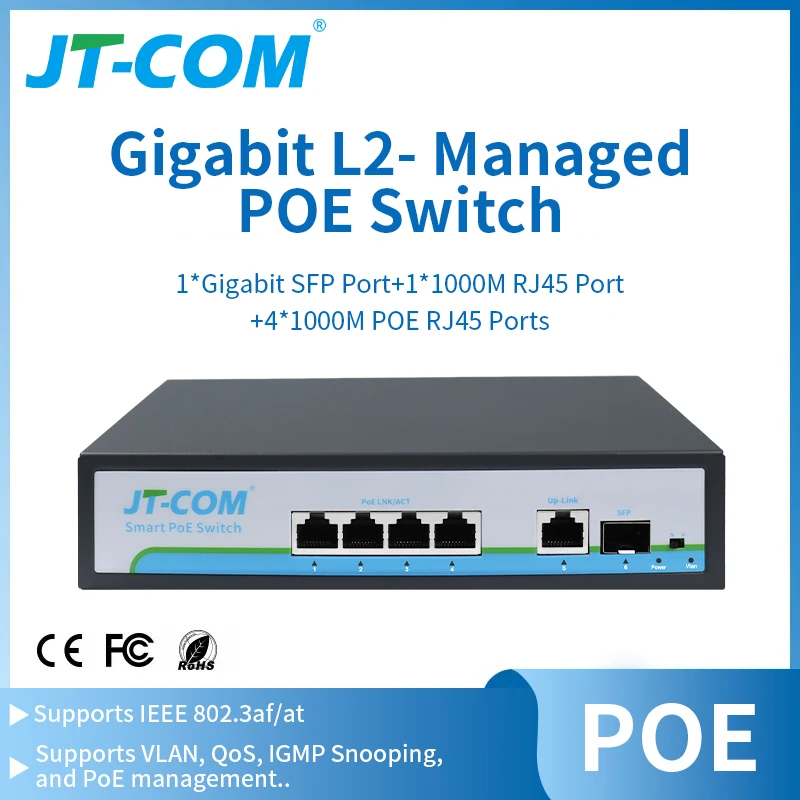 

Управляемый коммутатор JT-COM L2 с 1 гигабитным портом SFP, 5 гигабитными портами POE, 4 портами POE 30 Вт, 1 гигабитным портом RJ45, 1 портом SFP, 12 Гбит/с, 7,44 млн пакетов/с, 2K MAC-адресов