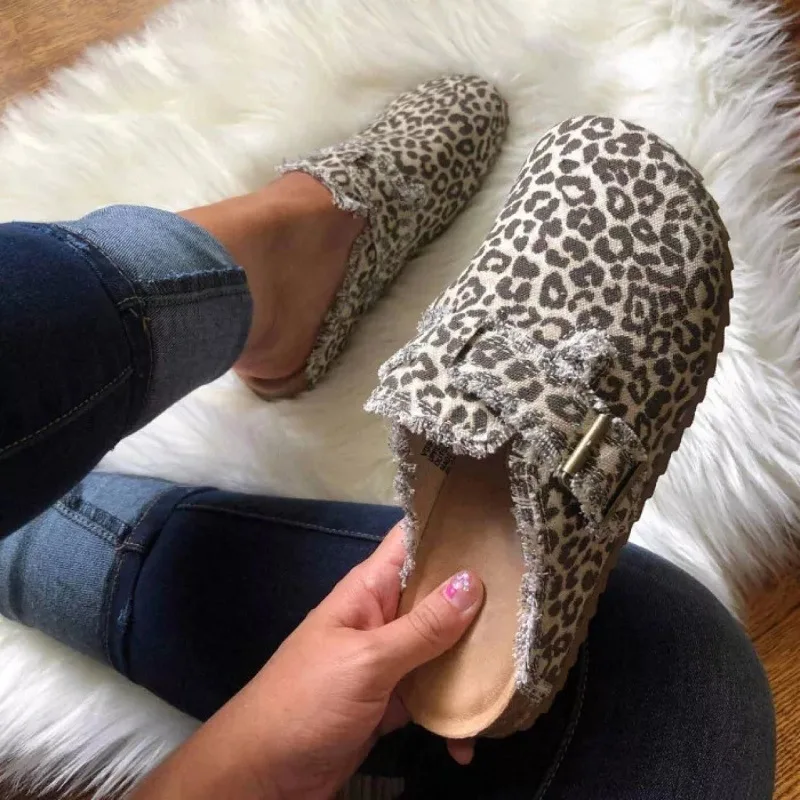 Female Shoes Ladies\' Slippers Loafers Low Big Size 2024 Leopard Slides Rome Fabric PU leopard Hoof Heels Rubber Loafers Shoes Wo