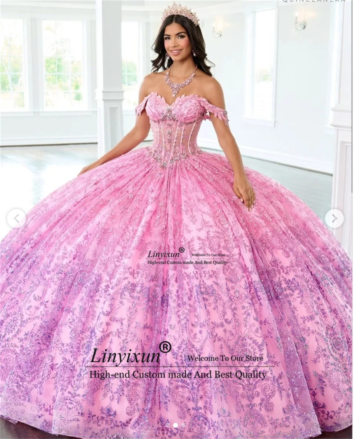 

Shiny Sequins Ball Gown Quinceanera Dresses Customized Appliques Lace Vestidos De 15 Anos Off Shoulder Corset Sweet 16 Gowns