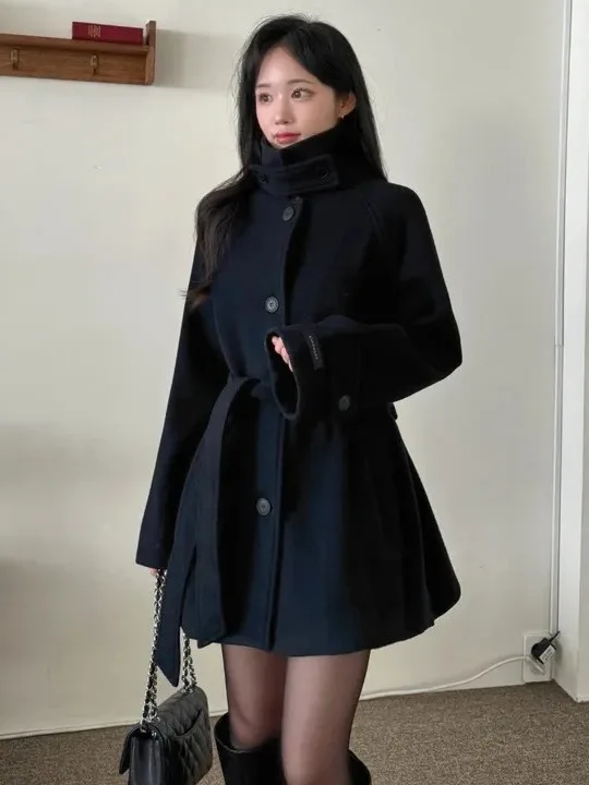 

Шерстяное пальто с высоким воротником Ele, женская свободная зимняя верхняя одежда с поясом, застежка на одной пуговице, средней длины, чистый цвет