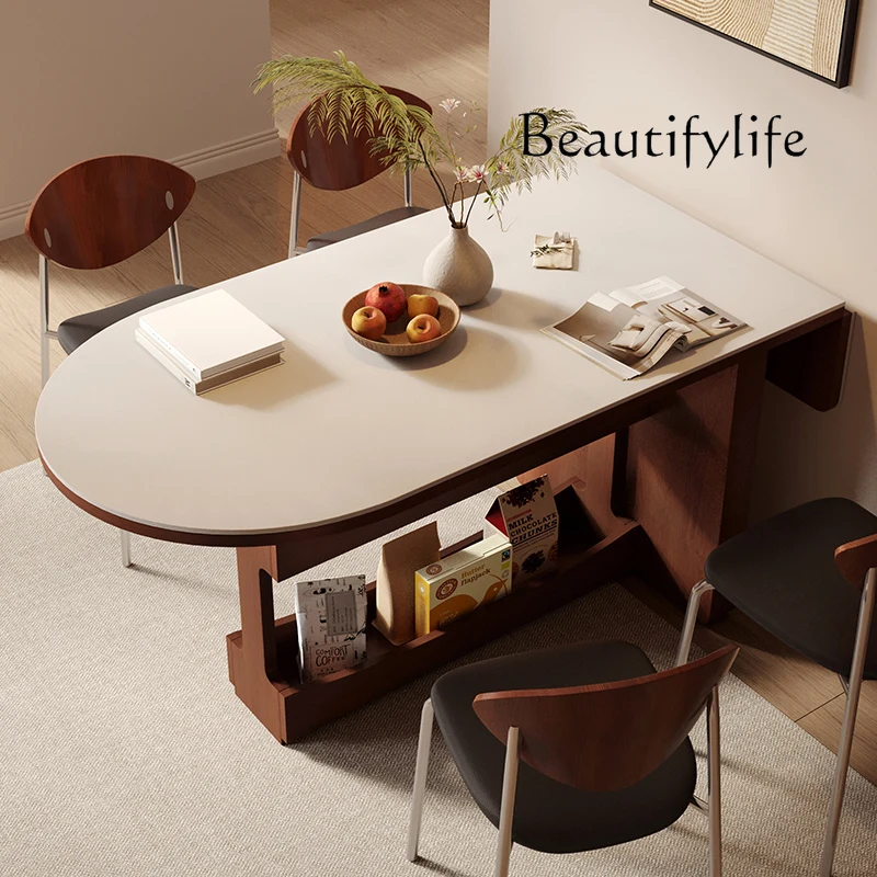 

Retro small apartment folding rock slab dining table Nordic semi-oval solid wood dining table retractable home