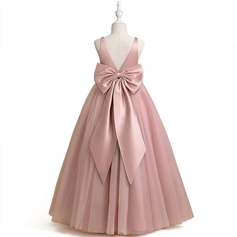 Kinder Hochzeits kleid ärmellose Satin Stoff Tüll Mädchen Geburtstag Leistung formale lange Kleid Blumen mädchen Kleid