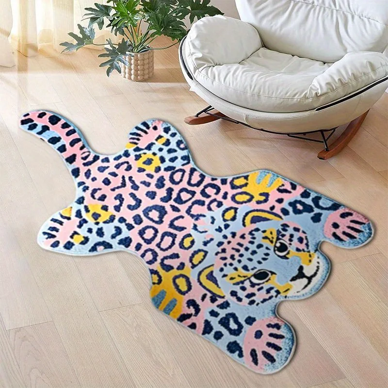 Pastel Pink Blue Cartoon Leopard Plush Rug, Cute Animal Shaped Non Slip Tufted Mat for Bedroom Children Room Decor