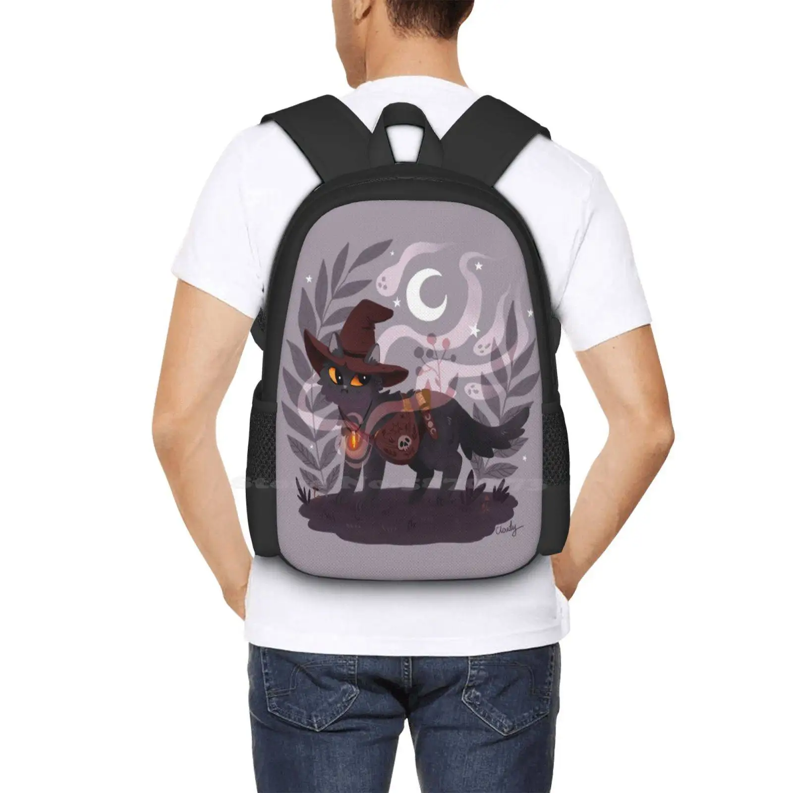 Ransel Bisnis Penyihir untuk Tas Travel Laptop Sekolah Siswa Kucing Hitam Halloween Sihir Ajaib Penyihir Bulan Malam Penyihir