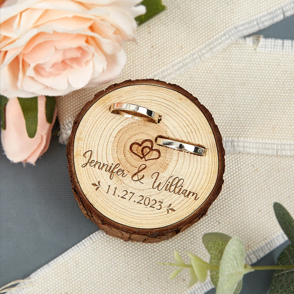 Personalized Wooden Ring Box Custom Names & Date Rustic Wedding Gift Proposal Ring Holder Engraved Wedding Vows