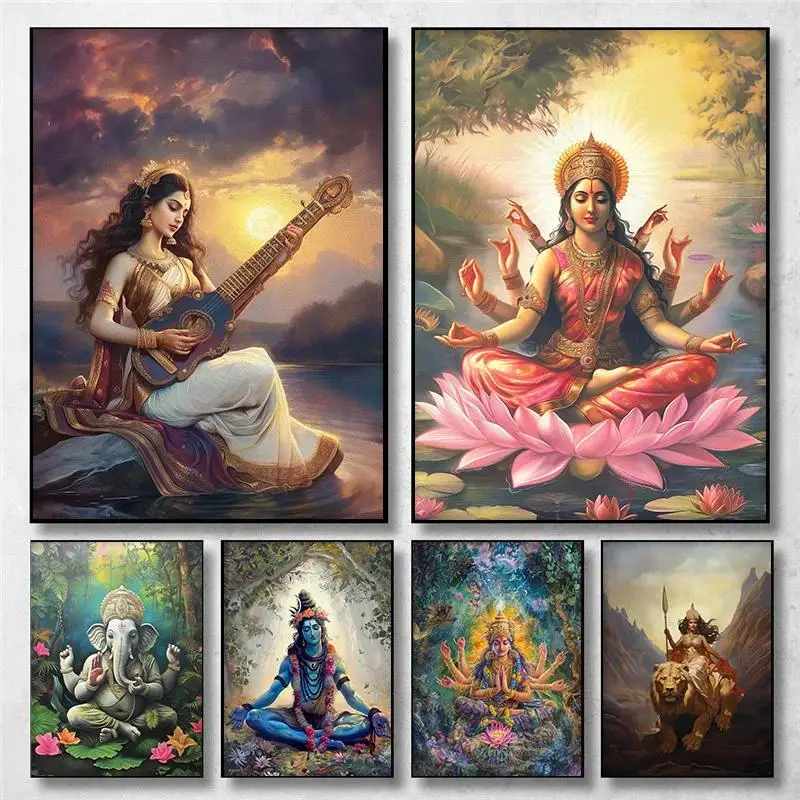 Spiritual Hindu Deities Canvas Art  Lord Shiva  Goddess Saraswati Meditation Wall Decor Prints for Home