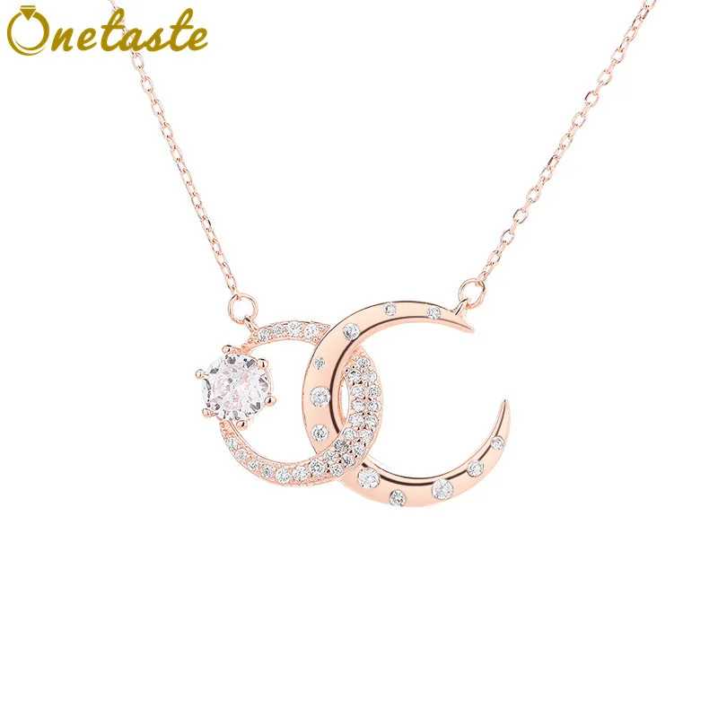 

Ожерелье из стерлингового серебра 925 пробы с кубическим цирконием, перекрещенное дуо, лунное ожерелье, женское сверкающее модное изящное колье-чокер, подарок на вечеринку