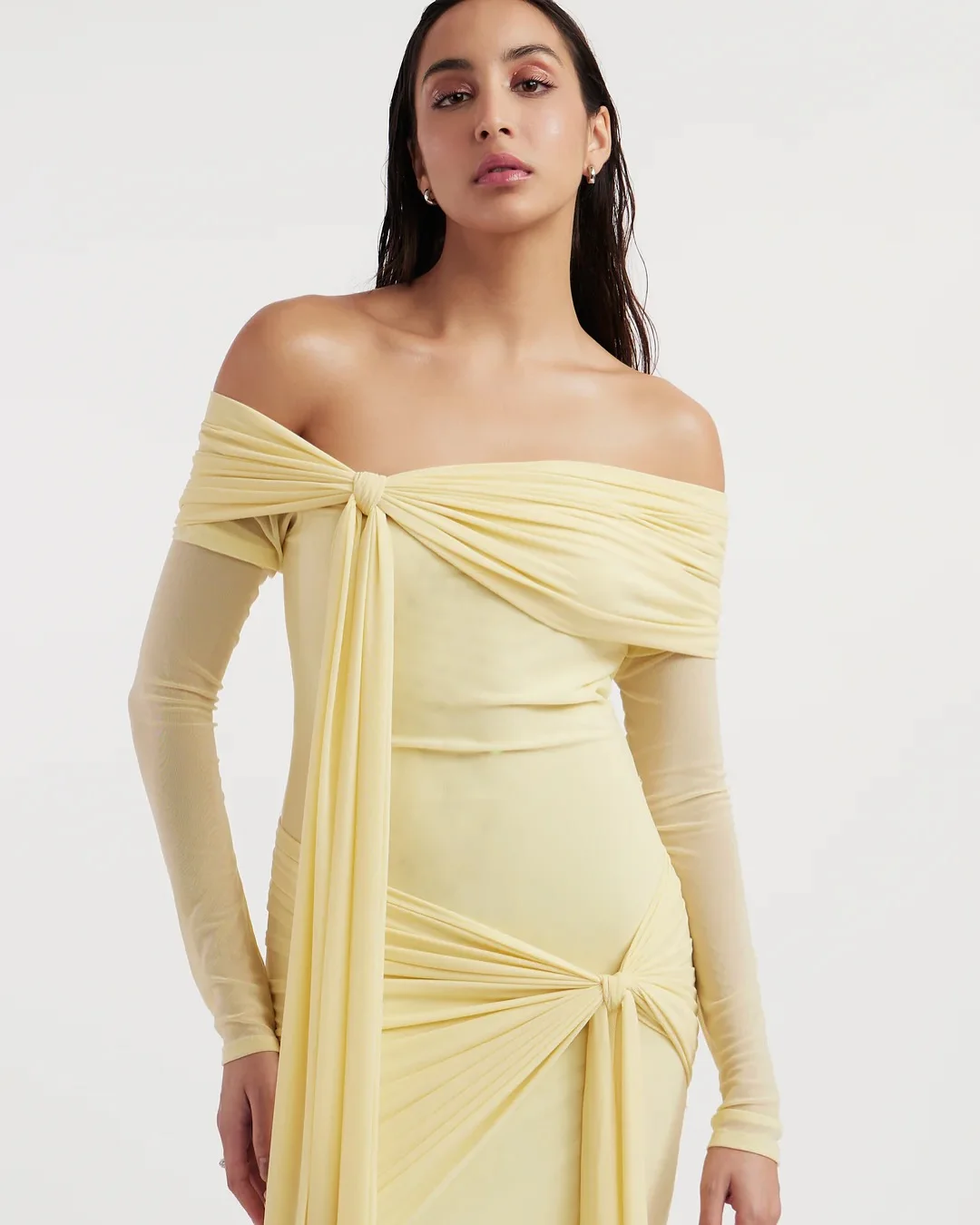 Customized Modern Off the Shoulder Chiffon Long Sleeves Evening Dress Temperament Belt Pleats Photo Color Vestido De Festa image 3