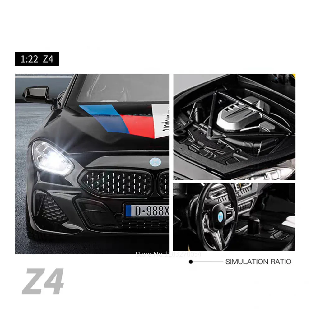 1:22 Z4 I8 دييكاست سبيكة Moed سيارات لعبة ضوء الصوت التراجع الأبواب مفتوحة عجلة أمامية توجيه مصغرة مركبة الصبي هدية عيد ميلاد